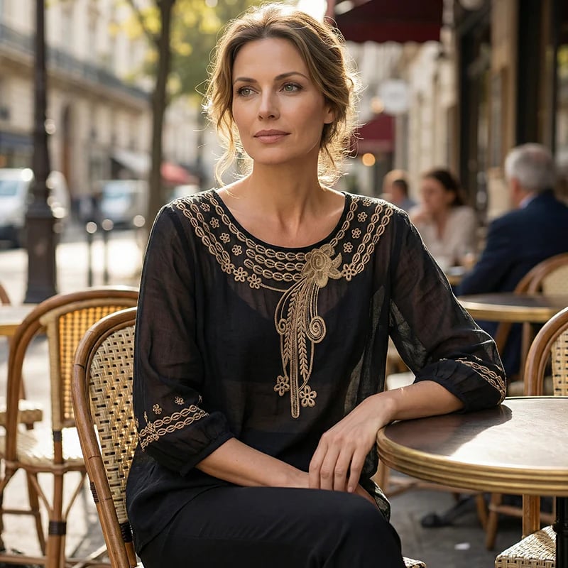 👚Women's Embroidered Cotton-Linen Blend Blouse – Floral Cutouts, Round Neck, Relaxed Fit ✨