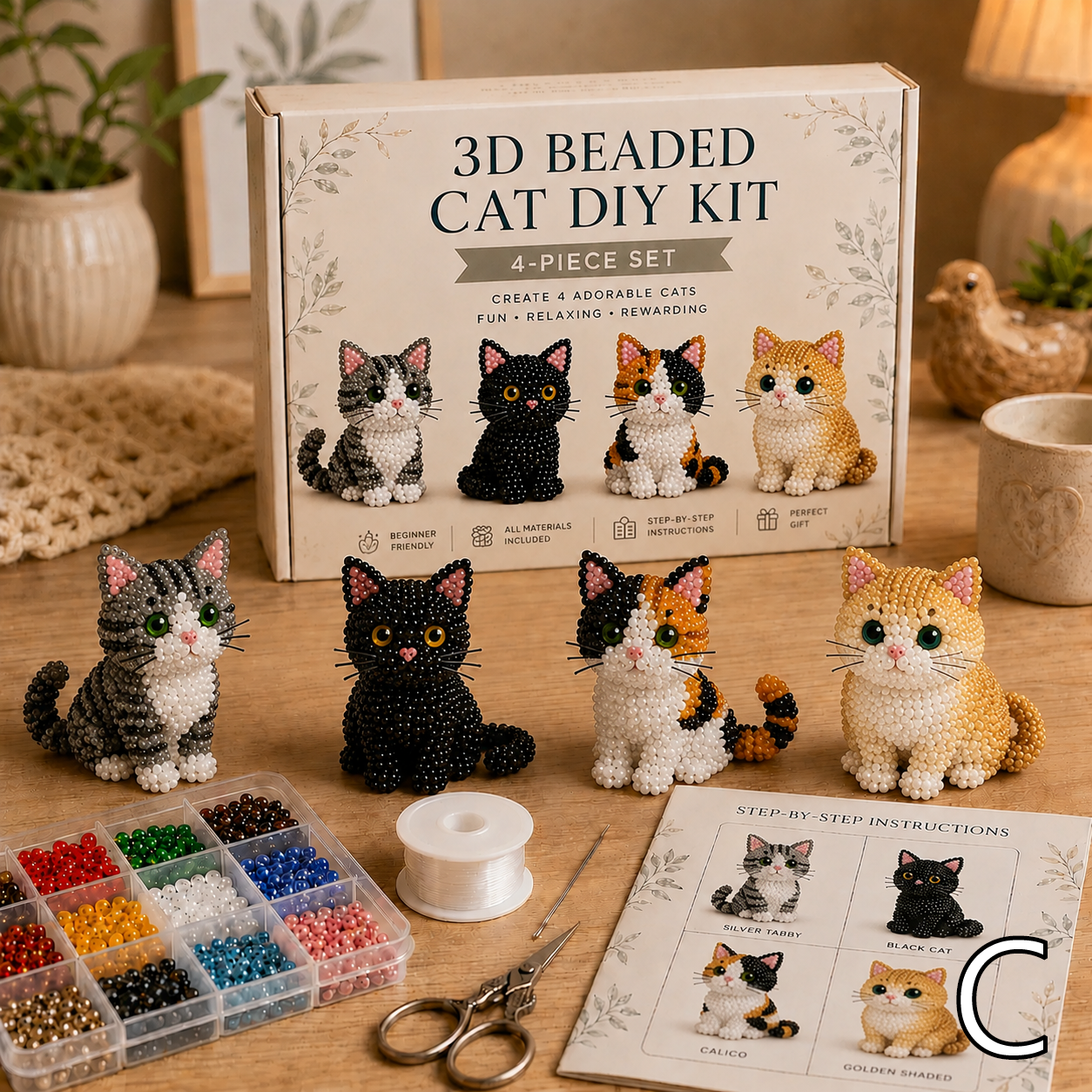 3D Beaded Cat DIY Kit – Adorable 4-Piece Handmade Cat Craft Set