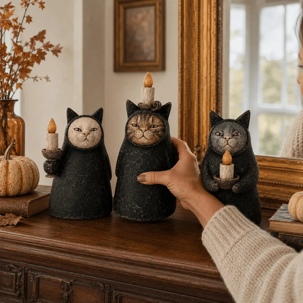 Set of 3  Mysterious Hooded Cat Candlelight Figurine