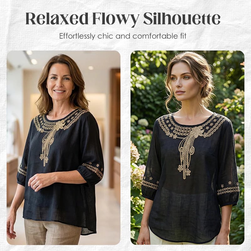 👚Women's Embroidered Cotton-Linen Blend Blouse – Floral Cutouts, Round Neck, Relaxed Fit ✨