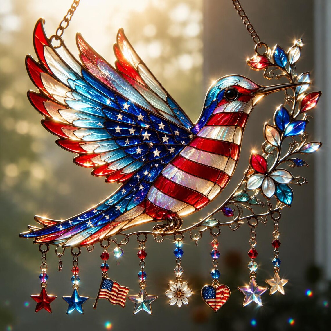 🐦Patriotic Hummingbird   - Suncatcher With Charm - 250th Anniversary Gift