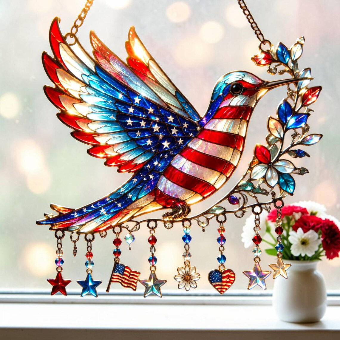 🐦Patriotic Hummingbird   - Suncatcher With Charm - 250th Anniversary Gift